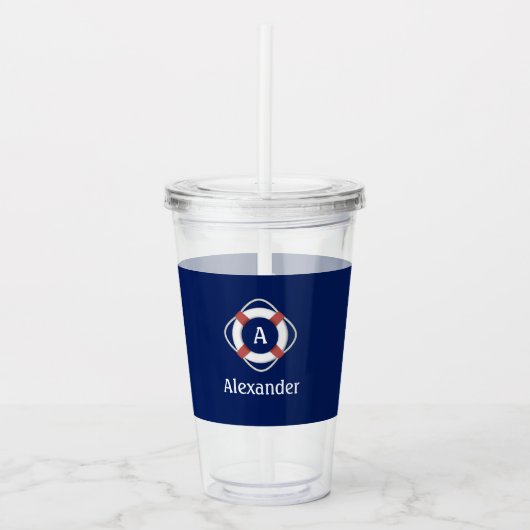 Navy Blue Nautical Lifesaver Monogram Acryl Drinkbeker (Voorkant)