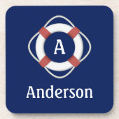 Navy Blue Nautical Lifesaver Monogram Bier Onderzetter (Voorkant)