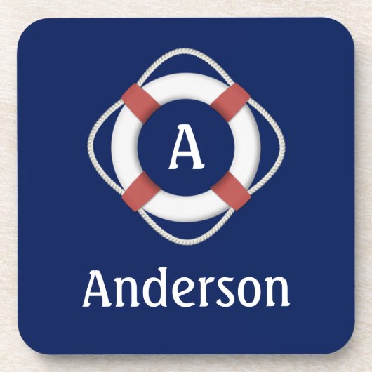Navy Blue Nautical Lifesaver Monogram Bier Onderzetter (Voorkant)
