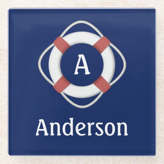 Navy Blue Nautical Lifesaver Monogram Glazen Onderzetter (Voorkant)