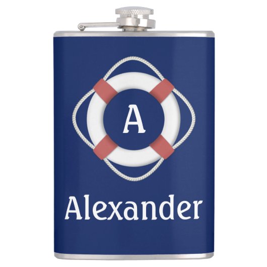 Navy Blue Nautical Lifesaver Monogram Heupfles (Voorkant)
