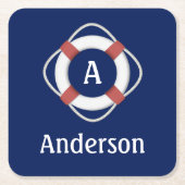 Navy Blue Nautical Lifesaver Monogram Kartonnen Onderzetters (Voorkant)