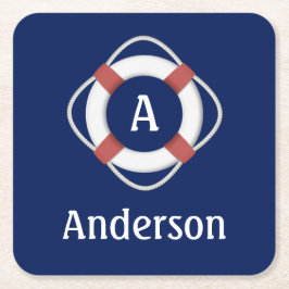 Navy Blue Nautical Lifesaver Monogram Kartonnen Onderzetters