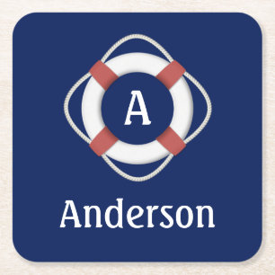 Navy Blue Nautical Lifesaver Monogram Kartonnen Onderzetters