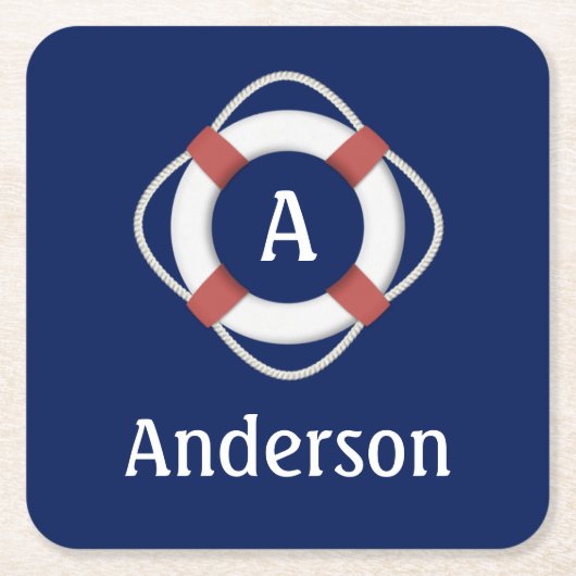 Navy Blue Nautical Lifesaver Monogram Kartonnen Onderzetters (Voorkant)