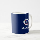 Navy Blue Nautical Lifesaver Monogram Koffiemok (Voorkant rechts)