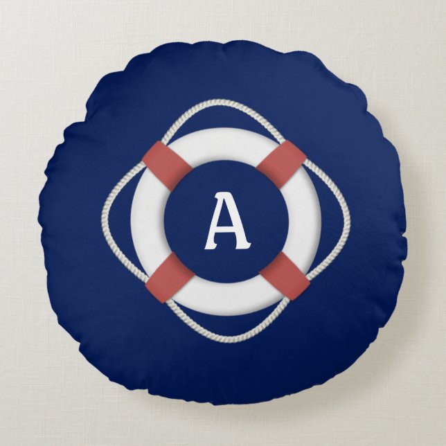 Navy Blue Nautical Lifesaver Monogram Rond Kussen (Voorkant)