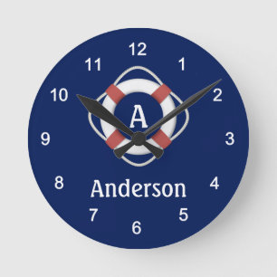 Navy Blue Nautical Lifesaver Monogram Ronde Klok