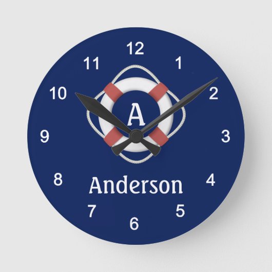 Navy Blue Nautical Lifesaver Monogram Ronde Klok (Voorkant)