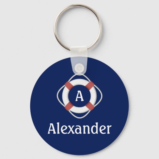 Navy Blue Nautical Lifesaver Monogram Sleutelhanger (Voorkant)