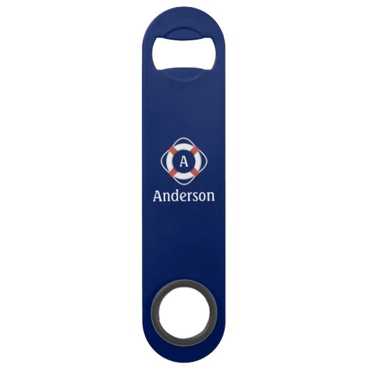 Navy Blue Nautical Lifesaver Monogram Speed Flessenopener (Voorkant)