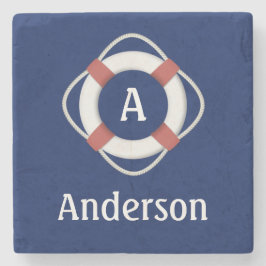 Navy Blue Nautical Lifesaver Monogram Stenen Onderzetter