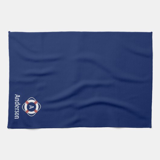 Navy Blue Nautical Lifesaver Monogram Theedoek (Horizontaal)