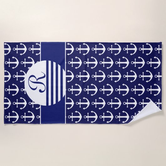 Navy Blue Nautical - Mongrammed Nautical Strandlaken (Voorkant)