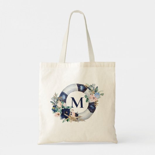Navy Blue Nautical Monogram Floral Bridesmaid Tote Bag (Achterkant)