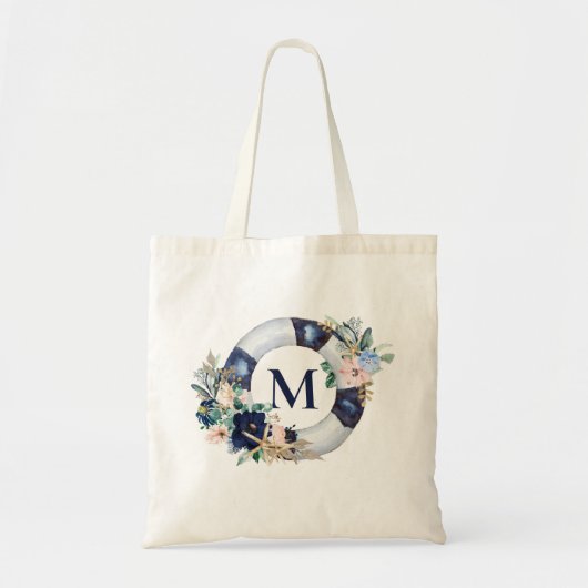 Navy Blue Nautical Monogram Floral Bridesmaid Tote Bag (Voorkant)
