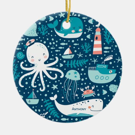 Navy Blue Nautical Ocean Boy Keramisch Ornament (Voorkant)