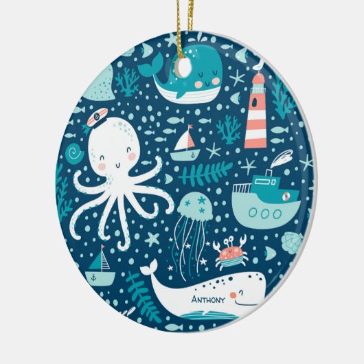 Navy Blue Nautical Ocean Boy Keramisch Ornament (Links)