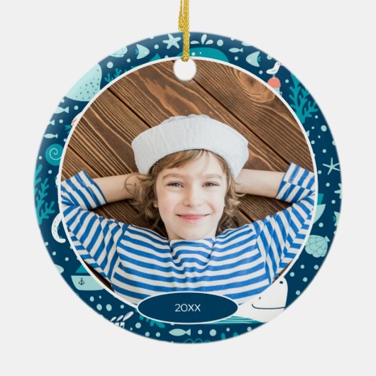 Navy Blue Nautical Ocean Boy Keramisch Ornament (Achterkant)