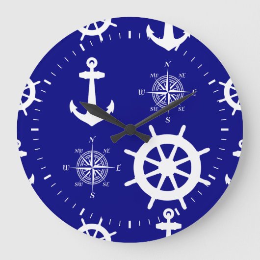 Navy Blue Nautical Pattern Grote Klok (Voorkant)