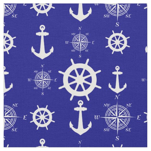 Navy Blue Nautical Pattern Stof (Close Up)