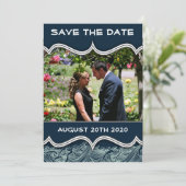 Navy Blue Nautical Photo Save the Date Cards (Staand voorkant)