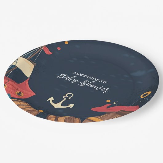 Navy Blue Nautical Pirate Baby shower Papieren Bordje (Gekanteld)