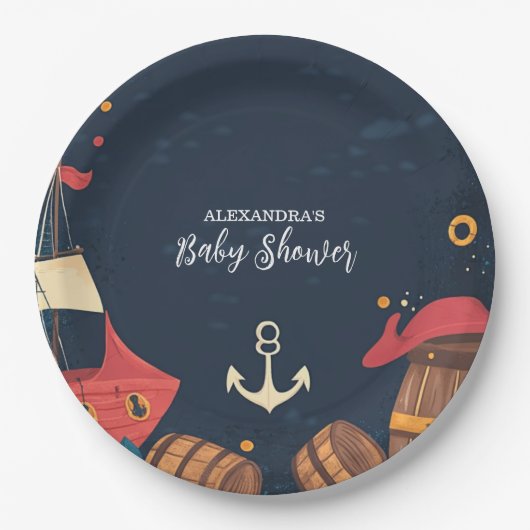 Navy Blue Nautical Pirate Baby shower Papieren Bordje (Voorkant)