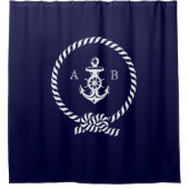 Navy Blue Nautical Rope en Anchor Monogram Douchegordijn (Voorkant)