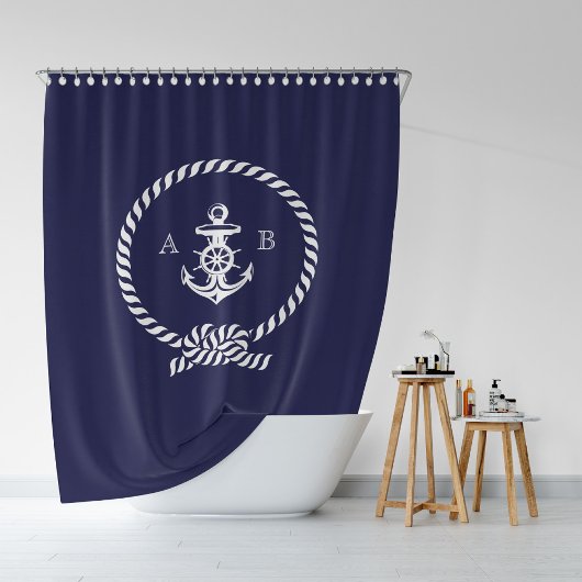 Navy Blue Nautical Rope en Anchor Monogram Douchegordijn