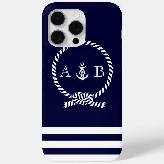 Navy Blue Nautical Rope en Anchor Monogrammed Case-Mate iPhone Case (Achterkant)