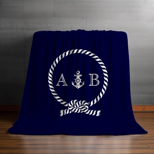 Navy Blue Nautical Rope en Anchor Monogrammed Fleece Deken