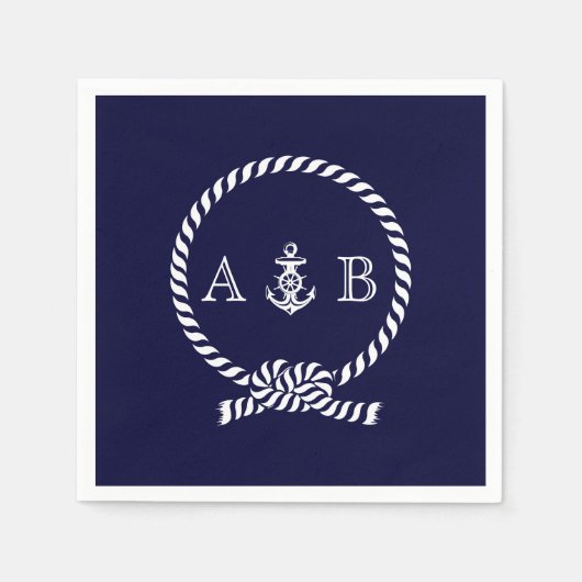 Navy Blue Nautical Rope en Anchor Monogrammed Servet (Voorkant)