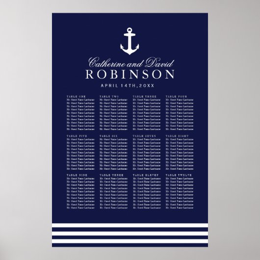 Navy Blue Nautical Seating Plan met Anchor Poster (Voorkant)