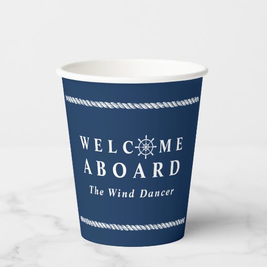 Navy Blue Nautical Ship Name Welcome Aboard Papieren Bekers (Voorkant)