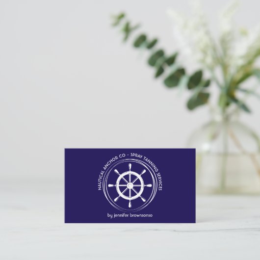 Navy Blue Nautical Ship Wheel Visitekaartje (Staand voorkant)