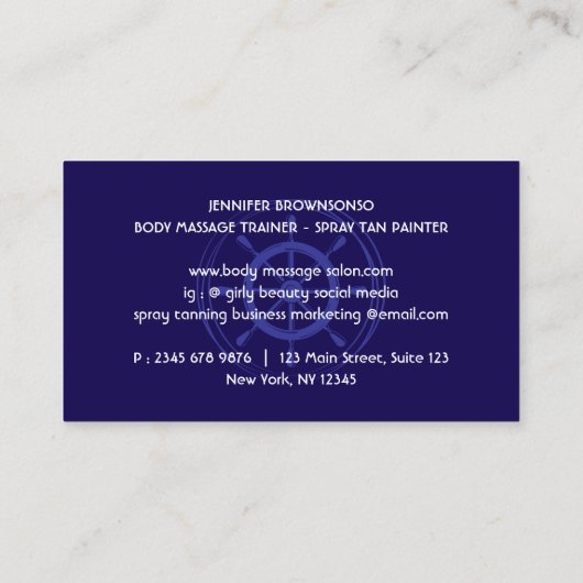 Navy Blue Nautical Ship Wheel Visitekaartje (Achterkant)