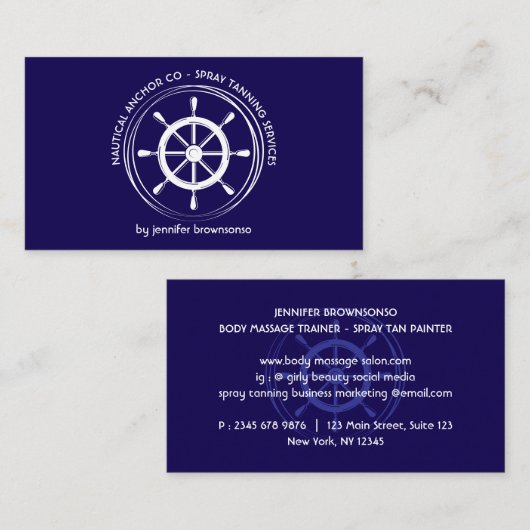 Navy Blue Nautical Ship Wheel Visitekaartje (Voorkant / Achterkant)