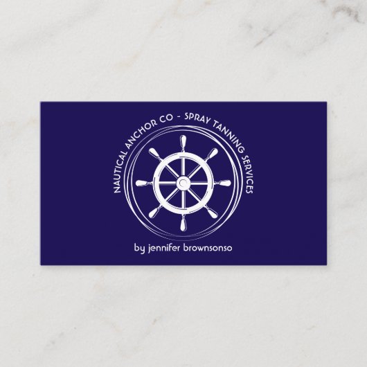 Navy Blue Nautical Ship Wheel Visitekaartje (Voorkant)