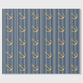 Navy Blue Nautical Stripes Anker Verjaardag Cadeaupapier (Vlak)