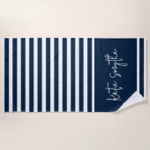 Navy Blue Nautical Stripes Script Naam Strandlaken (Voorkant)