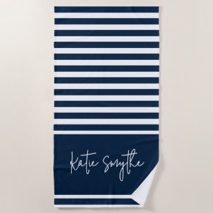 Navy Blue Nautical Stripes Script Naam Strandlaken