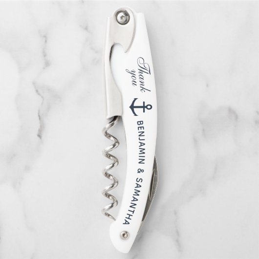 Navy Blue Nautical Weddenschap Bedankt voor de dou Kurkentrekker (Voorkant)