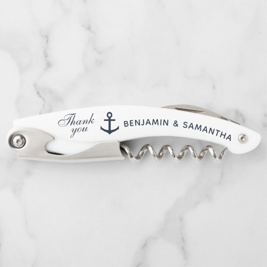 Navy Blue Nautical Weddenschap Bedankt voor de dou Kurkentrekker (Voorkant)