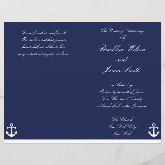 Navy Blue Nautical Wedding Ceremony Program Flyer (Voorkant)