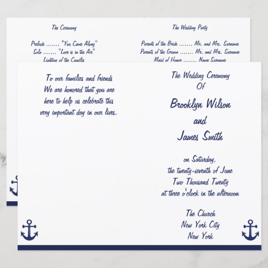 Navy Blue Nautical Wedding Ceremony Program Flyer (Voorkant / Achterkant)