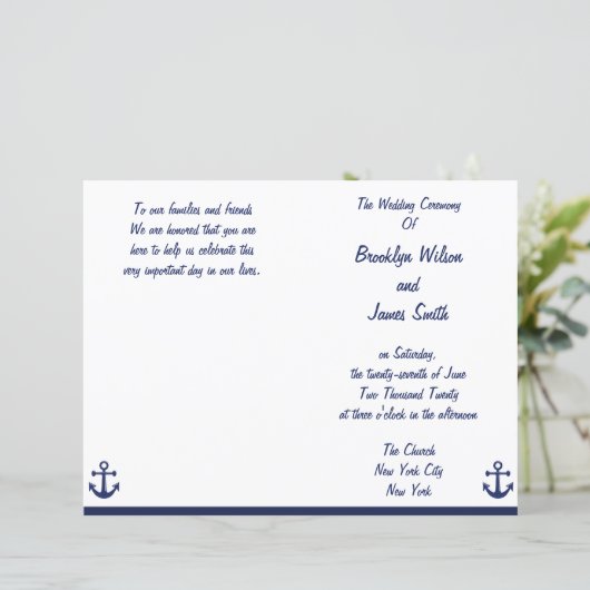 Navy Blue Nautical Wedding Ceremony Program Flyer (Staand voorkant)