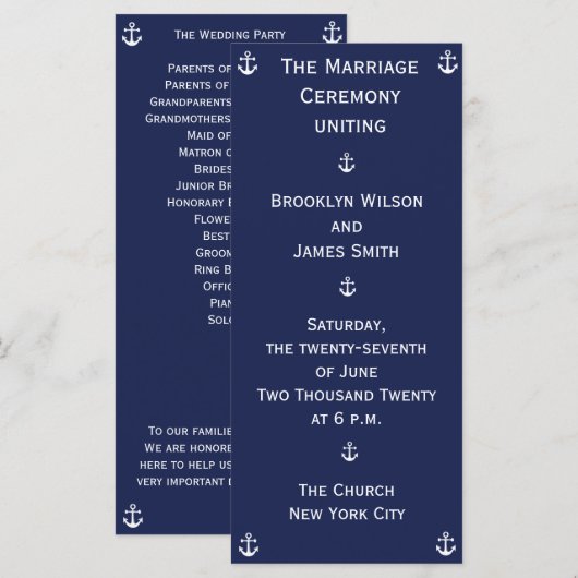 Navy Blue Nautical Wedding Ceremony Programma's (Voorkant / Achterkant)