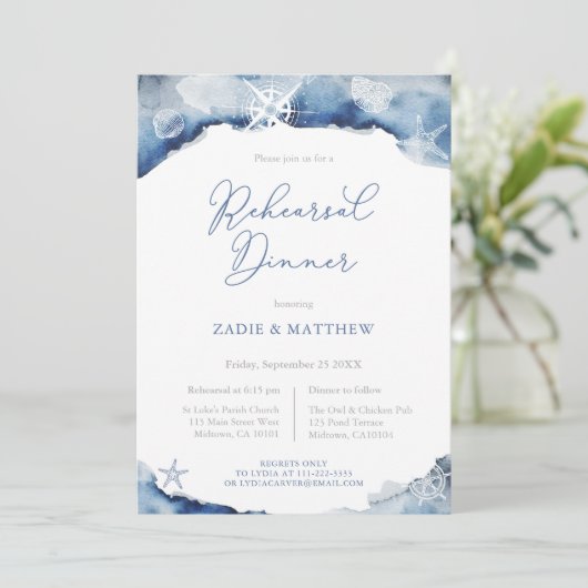 Navy Blue Nautical Wedding Rehearsal Dinner Kaart (Staand voorkant)