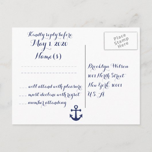 Navy Blue Nautical Wedding RSVP Briefkaart (Achterkant)